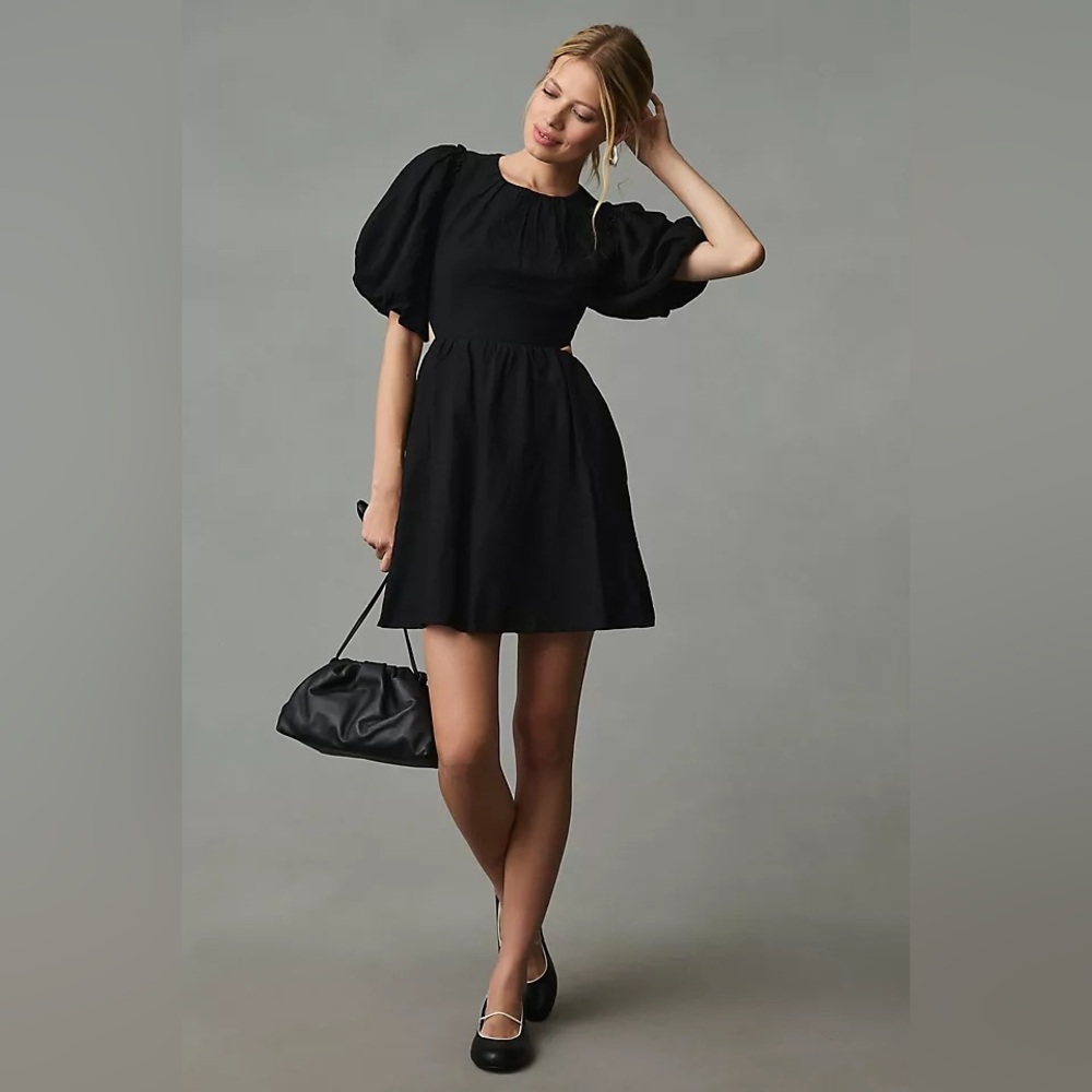NWT Anthropologie brand Moon River black open-back Puff- sleeve dress